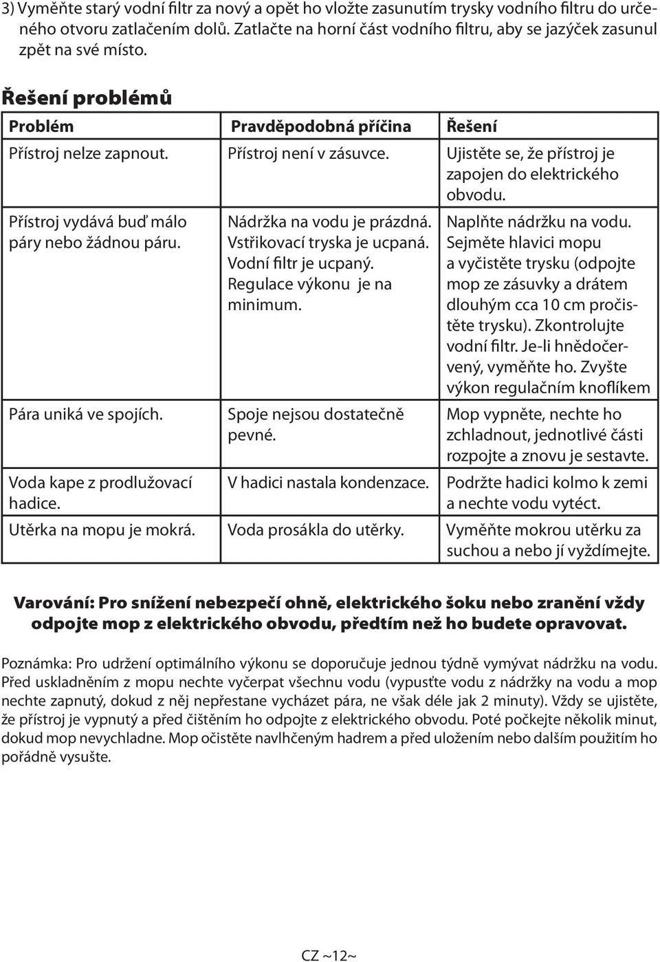 Ujistěte se, že přístroj je zapojen do elektrického obvodu. Přístroj vydává buď málo páry nebo žádnou páru. Pára uniká ve spojích. Voda kape z prodlužovací hadice. Nádržka na vodu je prázdná.