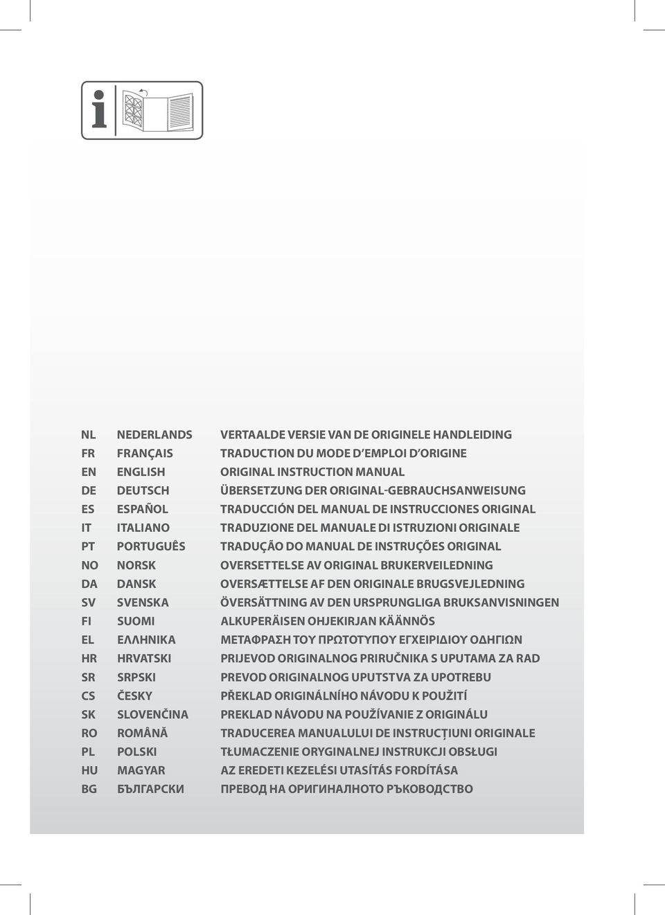 original NO Norsk oversettelse av original brukerveiledning DA Dansk oversættelse af den originale brugsvejledning SV Svenska Översättning av den ursprungliga bruksanvisningen FI Suomi alkuperäisen