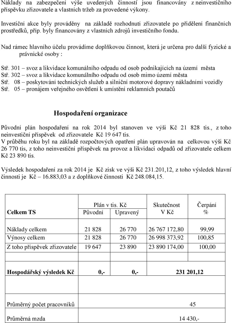 Nad rámec hlavního účelu provádíme doplňkovou činnost, která je určena pro další fyzické a právnické osoby : Stř. 301 svoz a likvidace komunálního odpadu od osob podnikajících na území města Stř.