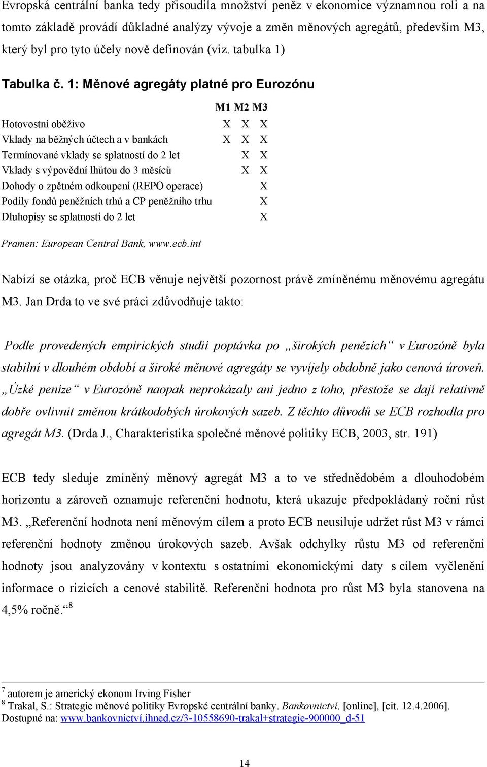 1: Měnové agregáty platné pro Eurozónu M1 M2 M3 Hotovostní oběživo X X X Vklady na běžných účtech a v bankách X X X Termínované vklady se splatností do 2 let X X Vklady s výpovědní lhůtou do 3 měsíců