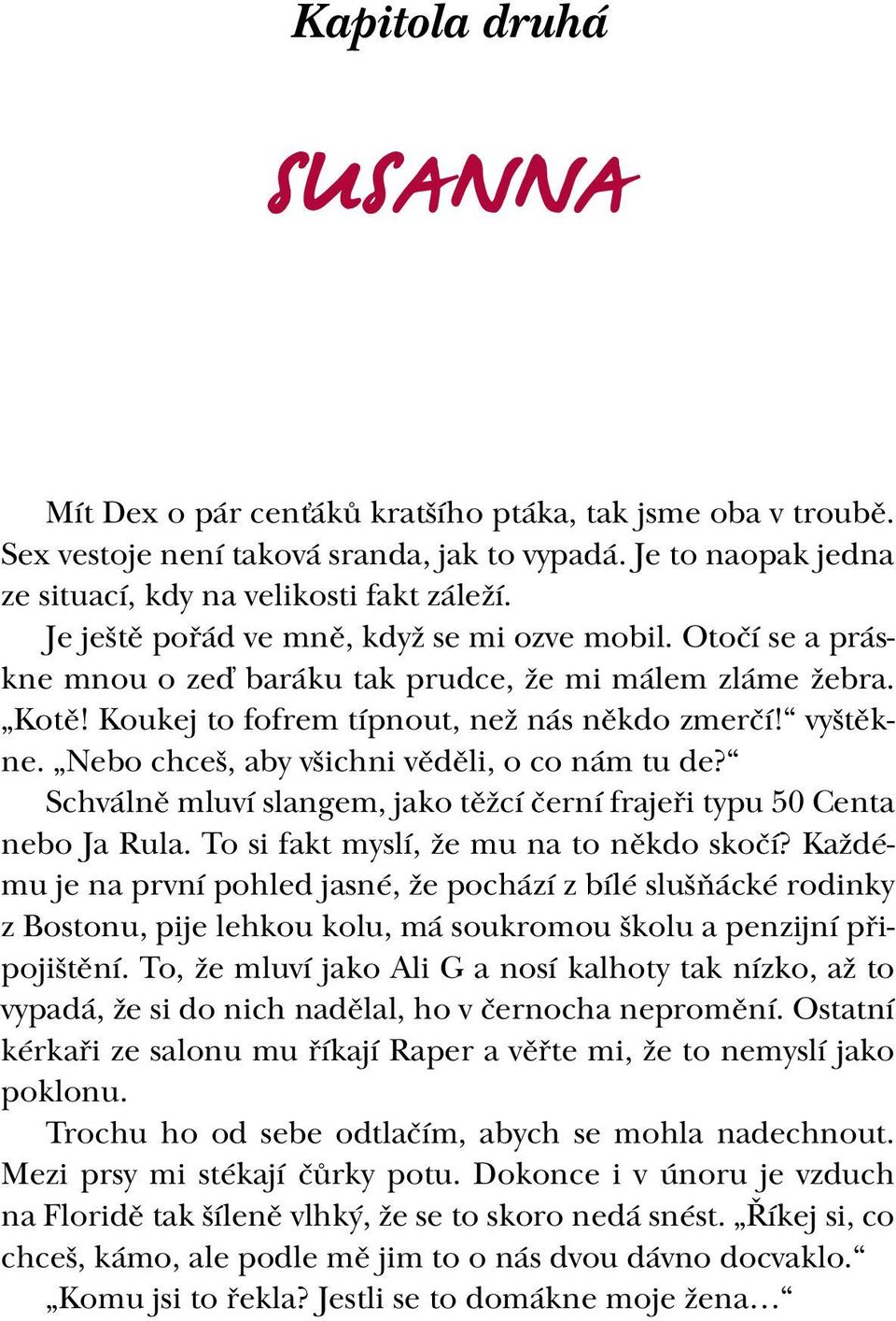 Nebo chceš, aby všichni věděli, o co nám tu de? Schválně mluví slangem, jako těžcí černí frajeři typu 50 Centa nebo Ja Rula. To si fakt myslí, že mu na to někdo skočí?