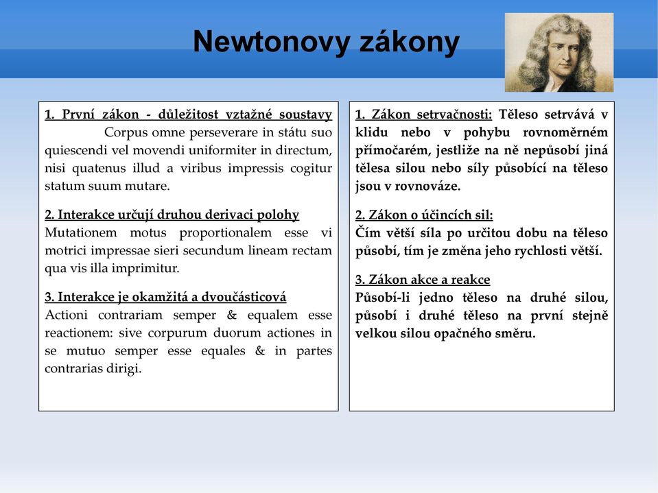 Zákon setrvačnosti: Těleso setrvává v klidu nebo v pohybu rovnoměrném přímočarém, jestliže na ně nepůsobí jiná tělesa silou nebo síly působící na těleso jsou v rovnováze. 2.