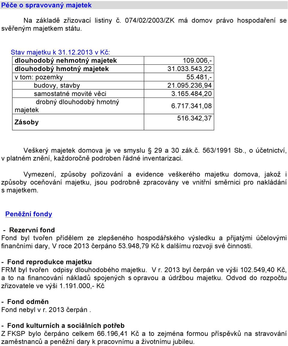 342,37 Veškerý majetek domova je ve smyslu 29 a 30 zák.č. 563/1991 Sb., o účetnictví, v platném znění, každoročně podroben řádné inventarizaci.