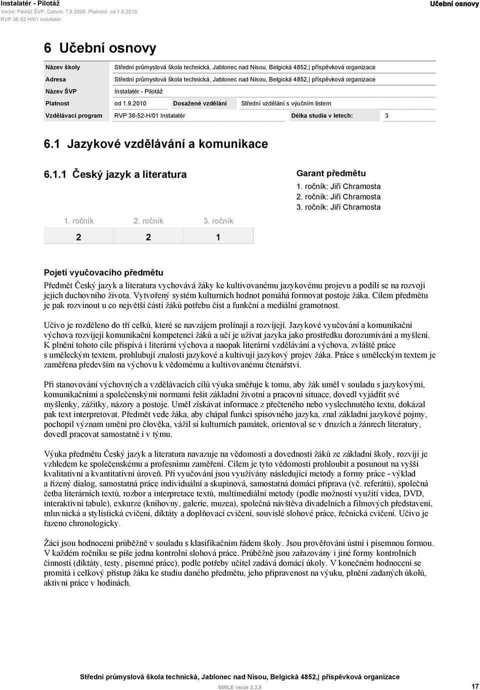 ročník 2. ročník 3. ročník 2 2 1 1. ročník: Jiří Chramosta 2. ročník: Jiří Chramosta 3.