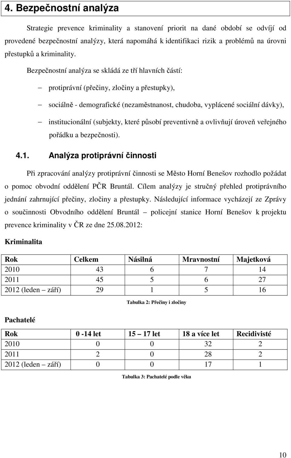 Bezpečnostní analýza se skládá ze tří hlavních částí: protiprávní (přečiny, zločiny a přestupky), sociálně - demografické (nezaměstnanost, chudoba, vyplácené sociální dávky), institucionální