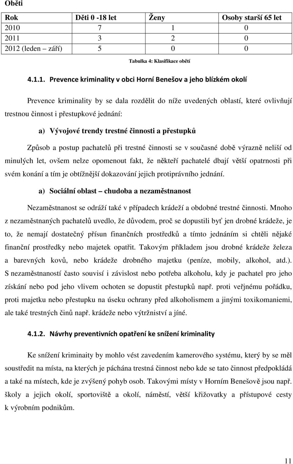 7 1 0 2011 3 2 0 2012 (leden září) 5 0 0 Tabulka 4: Klasifikace obětí 4.1.1. Prevence kriminality v obci Horní Benešov a jeho blízkém okolí Prevence kriminality by se dala rozdělit do níže uvedených