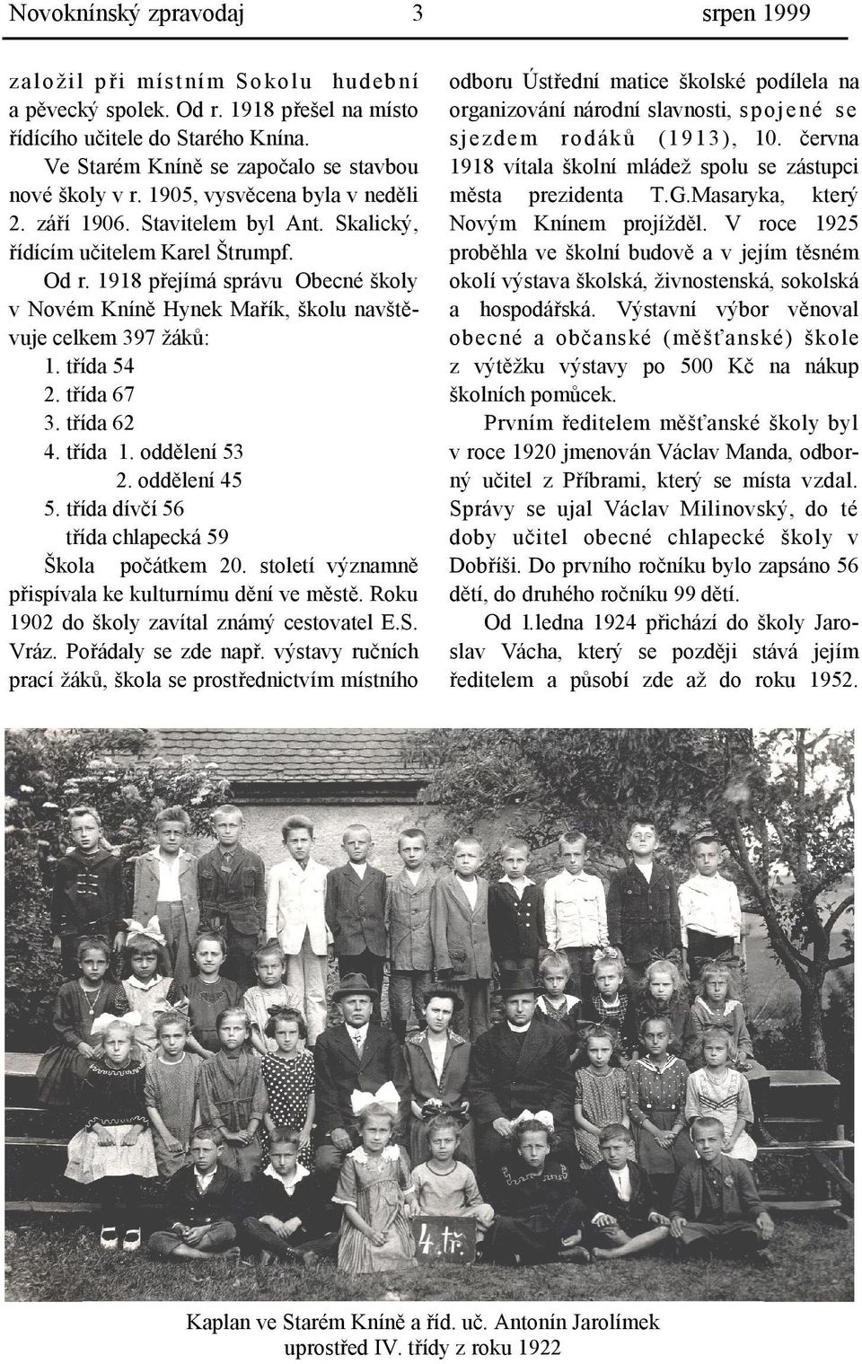 1918 přejímá správu Obecné školy v Novém Kníně Hynek Mařík, školu navštěvuje celkem 397 žáků: 1. třída 54 2. třída 67 3. třída 62 4. třída 1. oddělení 53 2. oddělení 45 5.