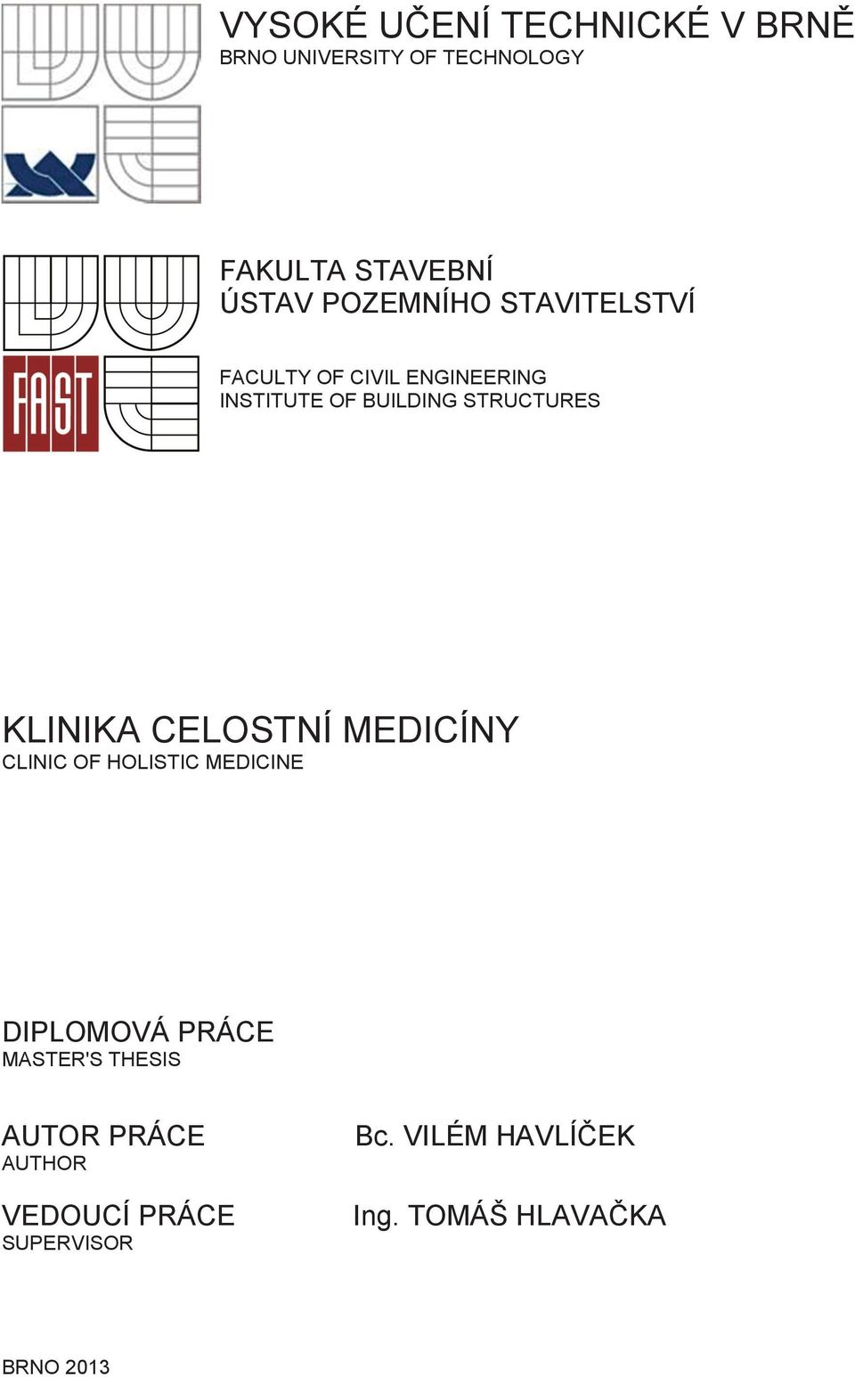 KLINIKA CELOSTNÍ MEDICÍNY CLINIC OF HOLISTIC MEDICINE DIPLOMOVÁ PRÁCE MASTER'S THESIS