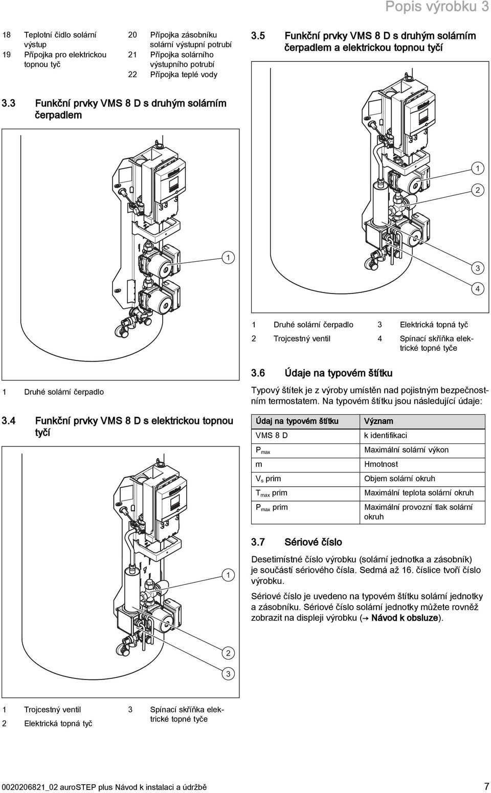 3 Funkční prvky VMS 8 D s druhým solárním čerpadlem 1 2 1 3 4 1 Druhé solární čerpadlo 2 Trojcestný ventil 3 Elektrická topná tyč 4 Spínací skříňka elektrické topné tyče 3.