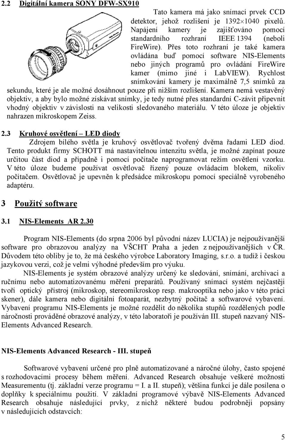 Přes toto rozhraní je také kamera ovládána buď pomocí software NIS-Elements nebo jiných programů pro ovládání FireWire kamer (mimo jiné i LabVIEW).