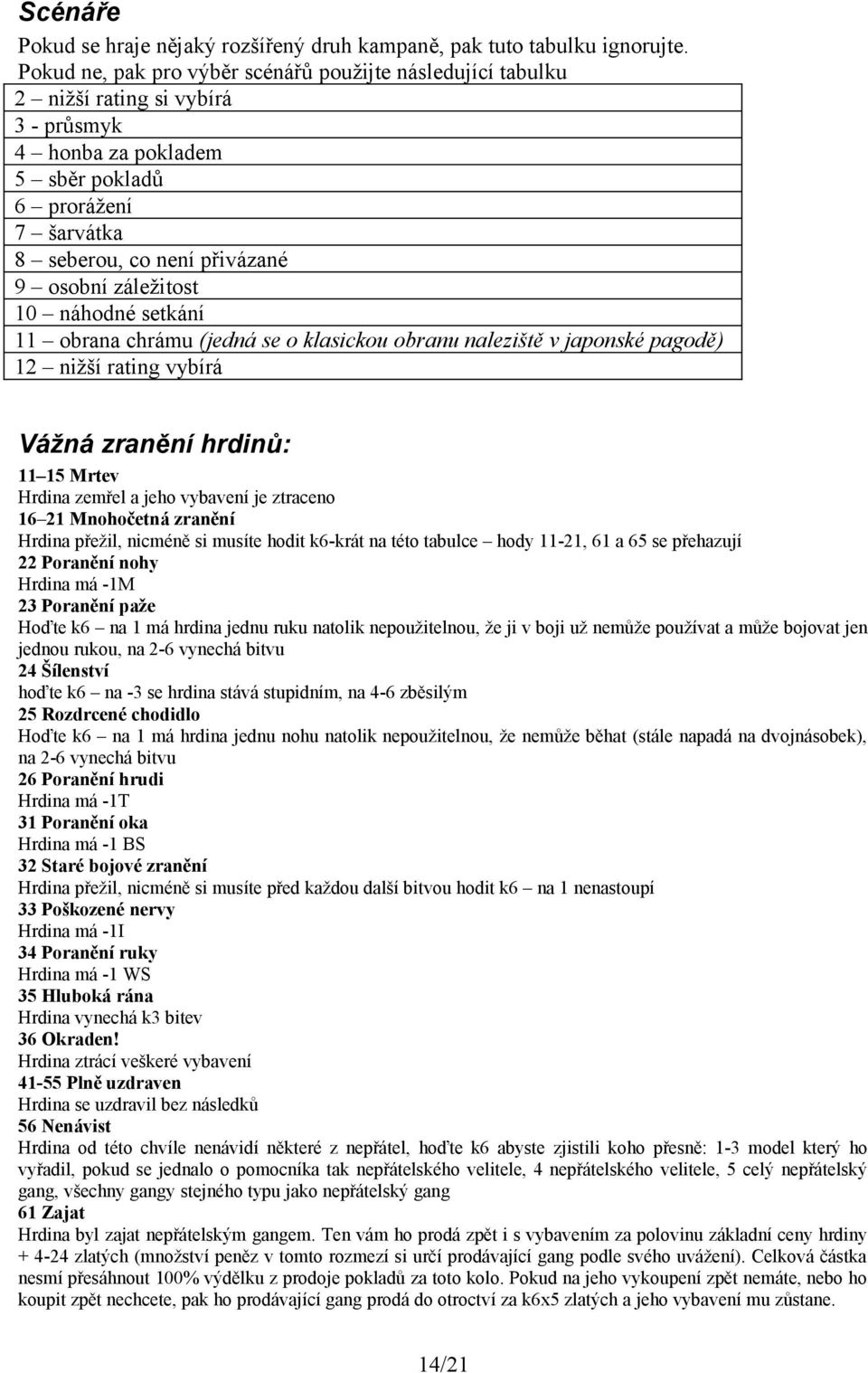 záležitost 10 náhodné setkání 11 obrana chrámu (jedná se o klasickou obranu naleziště v japonské pagodě) 12 nižší rating vybírá Vážná zranění hrdinů: 11 15 Mrtev Hrdina zemřel a jeho vybavení je