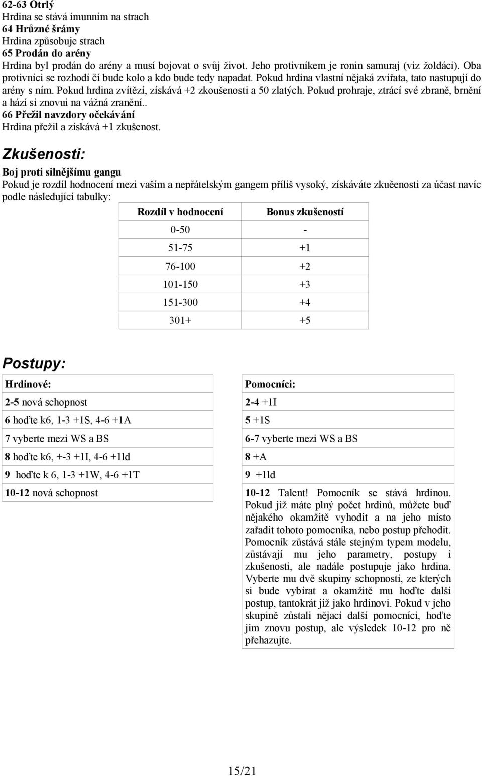 Pokud hrdina zvítězí, získává +2 zkoušenosti a 50 zlatých. Pokud prohraje, ztrácí své zbraně, brnění a hází si znovui na vážná zranění.