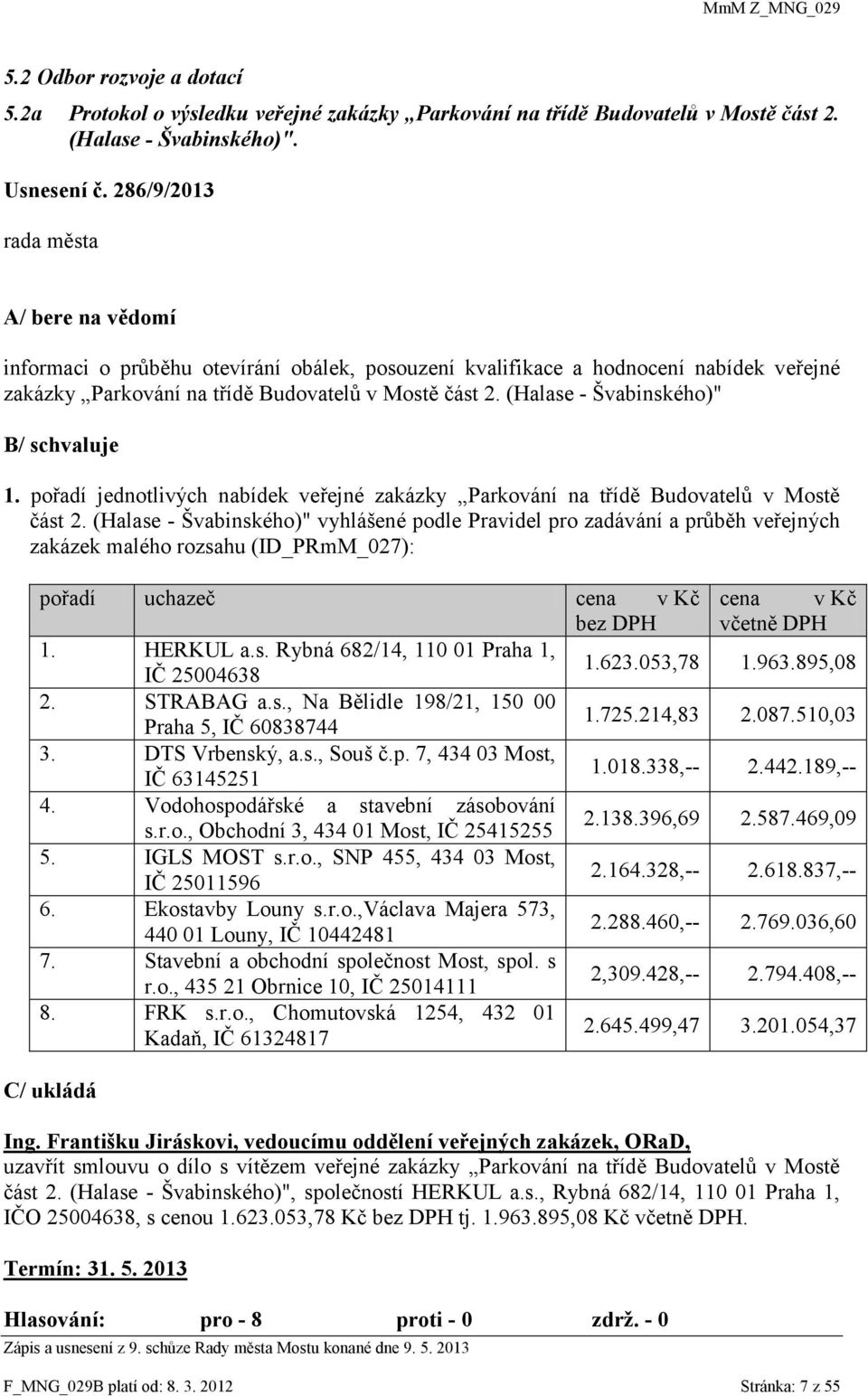 (Halase - Švabinského)" B/ schvaluje 1. pořadí jednotlivých nabídek veřejné zakázky Parkování na třídě Budovatelů v Mostě část 2.
