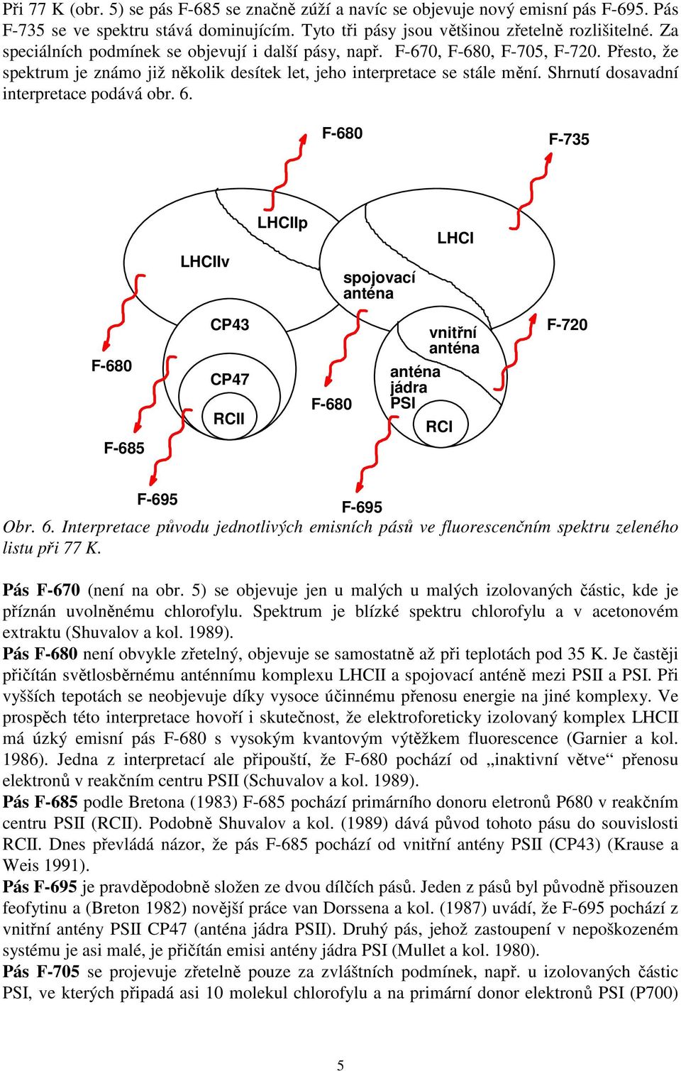 Shrnutí dosavadní interpretace podává obr. 6. F-680 F-735 LHCIIv LHCIIp spojovací anténa LHCI F-680 F-685 CP43 CP47 RCII F-680 anténa jádra PSI vnitřní anténa RCI F-720 F-695 F-695 Obr. 6. Interpretace původu jednotlivých emisních pásů ve fluorescenčním spektru zeleného listu při 77 K.