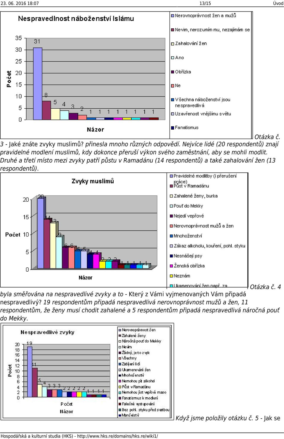 Druhé a třetí místo mezi zvyky patří půstu v Ramadánu (14 respondentů) a také zahalování žen (13 respondentů). Otázka č.