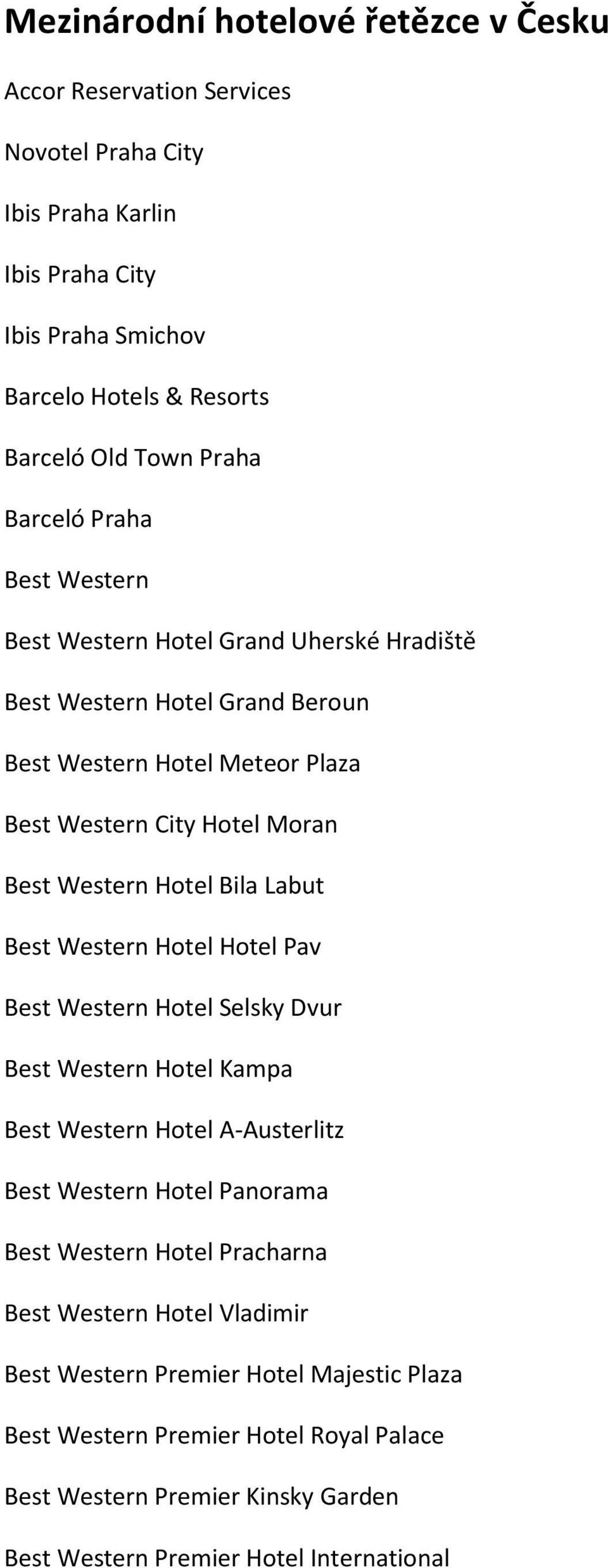 Bila Labut Best Western Hotel Hotel Pav Best Western Hotel Selsky Dvur Best Western Hotel Kampa Best Western Hotel A-Austerlitz Best Western Hotel Panorama Best Western Hotel