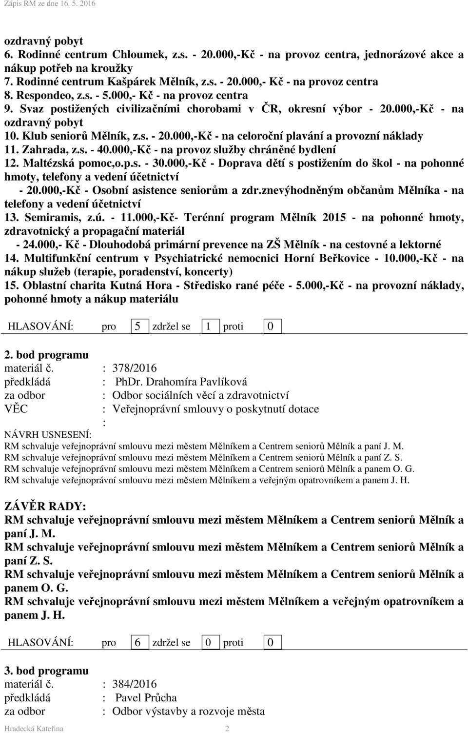 Zahrada, z.s. - 40.000,-Kč - na provoz služby chráněné bydlení 12. Maltézská pomoc,o.p.s. - 30.000,-Kč - Doprava dětí s postižením do škol - na pohonné hmoty, telefony a vedení účetnictví - 20.