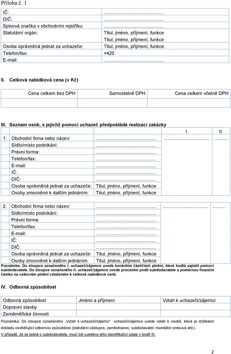 Celková nabídková cena (v Kč) Cena celkem bez DPH Samostatně DPH Cena celkem včetně DPH III. Seznam osob, s jejichž pomocí uchazeč předpokládá realizaci zakázky I. II. 1. Obchodní firma nebo název:.