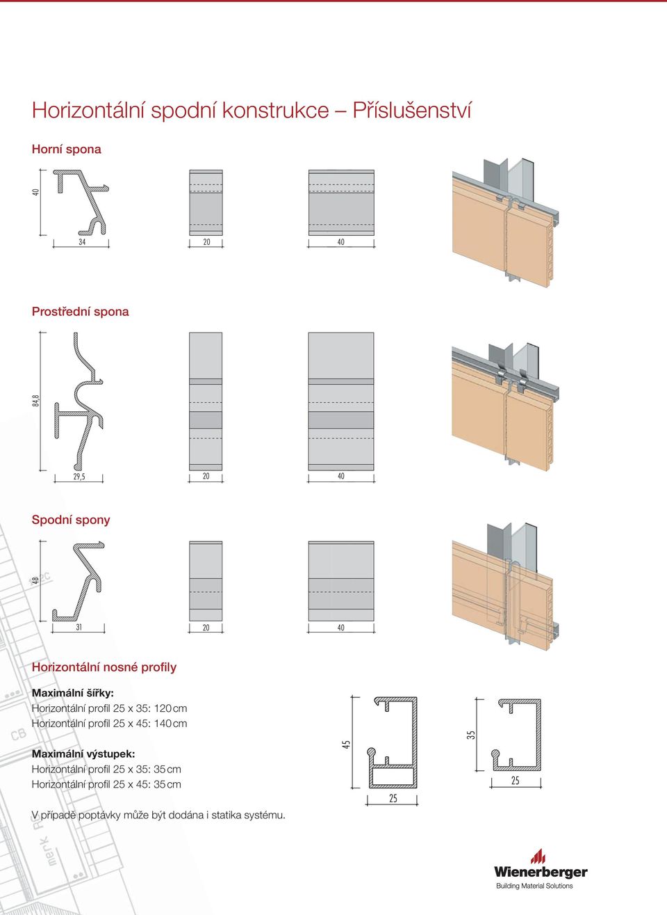 35: 120 cm Horizontální profi l 25 x 45: 140 cm 35 Maximální výstupek: Horizontální profi l 25 x 35: