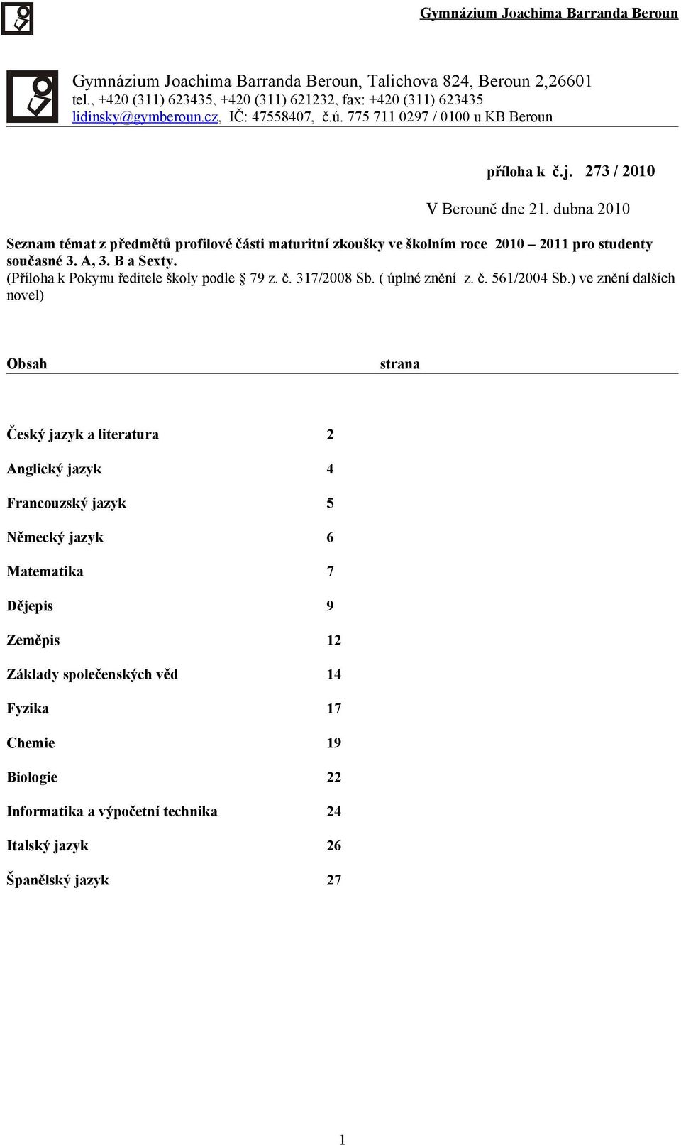 dubna 2010 Seznam témat z předmětů profilové části maturitní zkoušky ve školním roce 2010 2011 pro studenty současné 3. A, 3. B a Sexty. (Příloha k Pokynu ředitele školy podle 79 z. č. 317/2008 Sb.