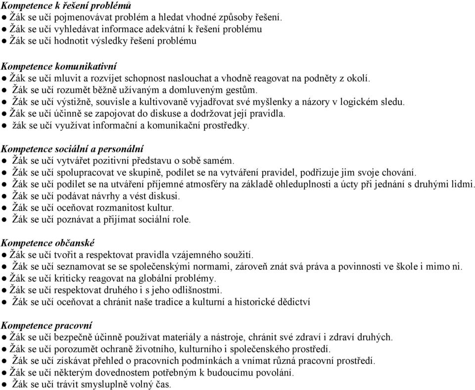 na podněty z okolí. Žák se učí rozumět běžně užívaným a domluveným gestům. Žák se učí výstižně, souvisle a kultivovaně vyjadřovat své myšlenky a názory v logickém sledu.