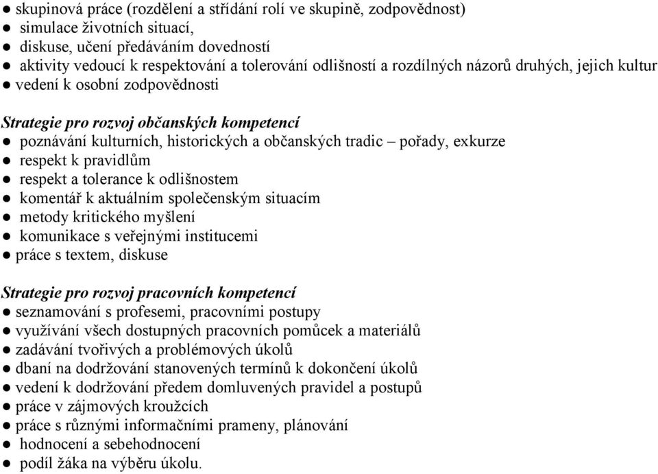 pravidlům respekt a tolerance k odlišnostem komentář k aktuálním společenským situacím metody kritického myšlení komunikace s veřejnými institucemi práce s textem, diskuse Strategie pro rozvoj