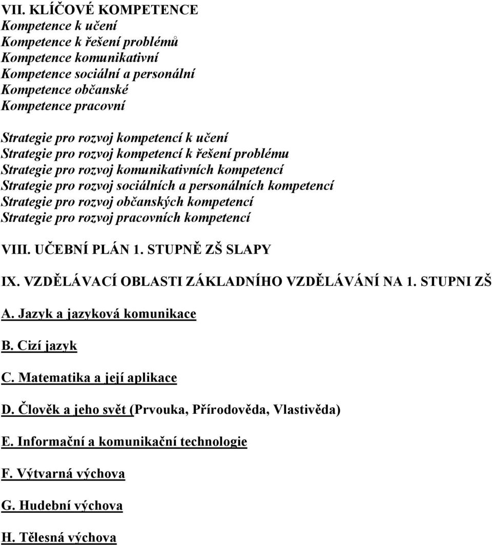 rozvoj občanských kompetencí Strategie pro rozvoj pracovních kompetencí VIII. UČEBNÍ PLÁN 1. STUPNĚ ZŠ SLAPY IX. VZDĚLÁVACÍ OBLASTI ZÁKLADNÍHO VZDĚLÁVÁNÍ NA 1. STUPNI ZŠ A.