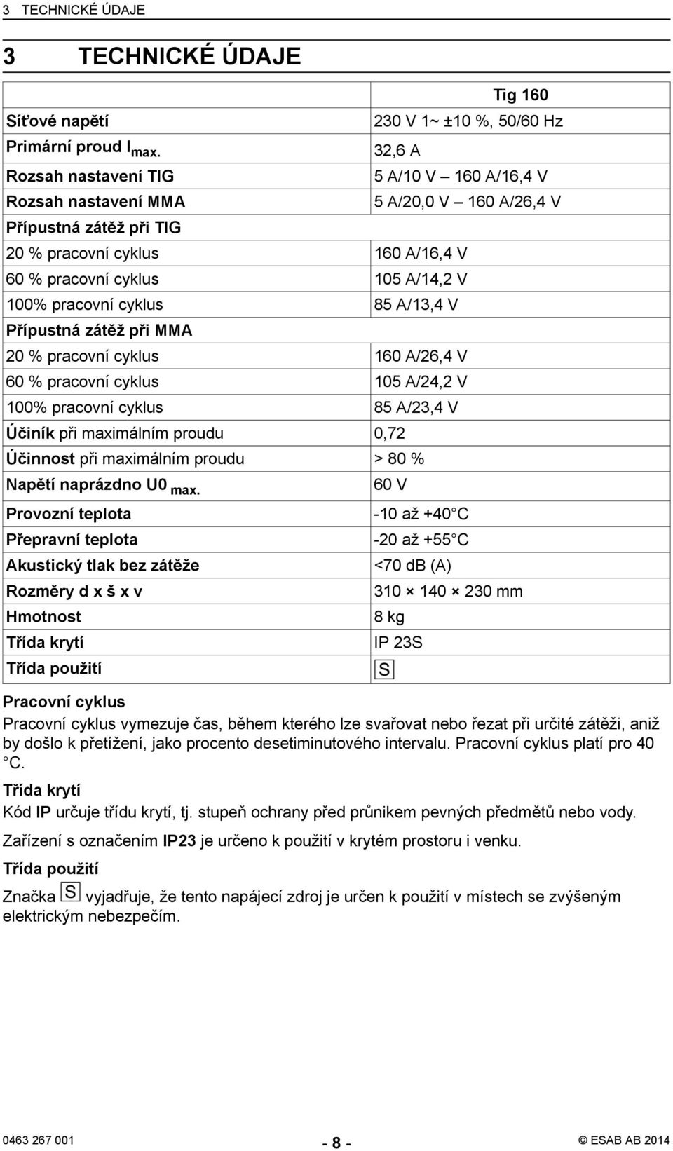 cyklus 105 A/14,2 V 100% pracovní cyklus 85 A/13,4 V Přípustná zátěž při MMA 20 % pracovní cyklus 160 A/26,4 V 60 % pracovní cyklus 105 A/24,2 V 100% pracovní cyklus 85 A/23,4 V Účiník při maximálním