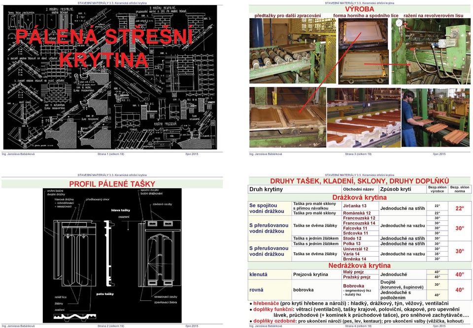 sklon norma Drážková krytina Se spojitou Taška pro malé sklony s pĝímou návalkou Taška pro malé sklony S pĝerušovanou Taška se dvčma žlábky Taška s jedním žlábkem Taška s jedním žlábkem S