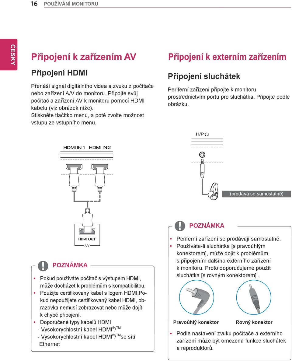 Připojení k externím zařízením Připojení sluchátek Periferní zařízení připojte k monitoru prostřednictvím portu pro sluchátka. Připojte podle obrázku.