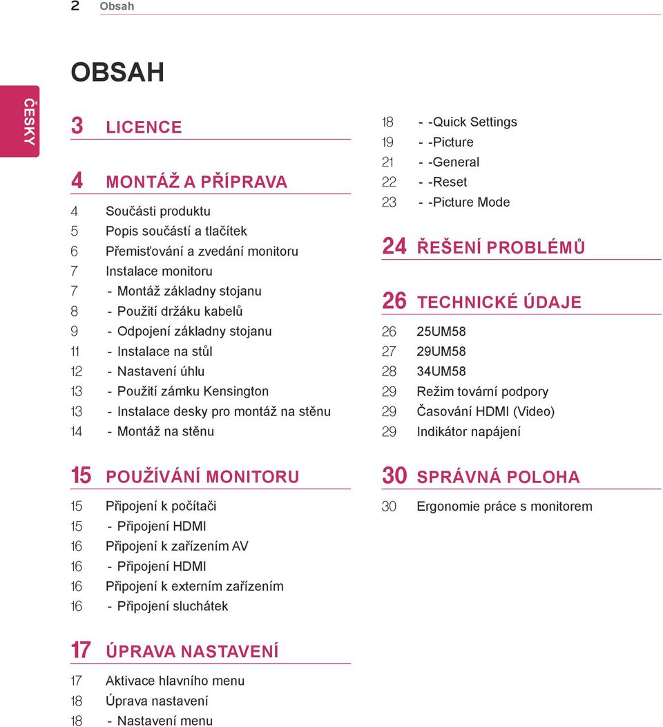 -Picture 21 - -General 22 - -Reset 23 - -Picture Mode 24 ŘEŠENÍ PROBLÉMŮ 26 TECHNICKÉ ÚDAJE 26 25UM58 27 29UM58 28 34UM58 29 Režim tovární podpory 29 Časování HDMI (Video) 29 Indikátor napájení 15