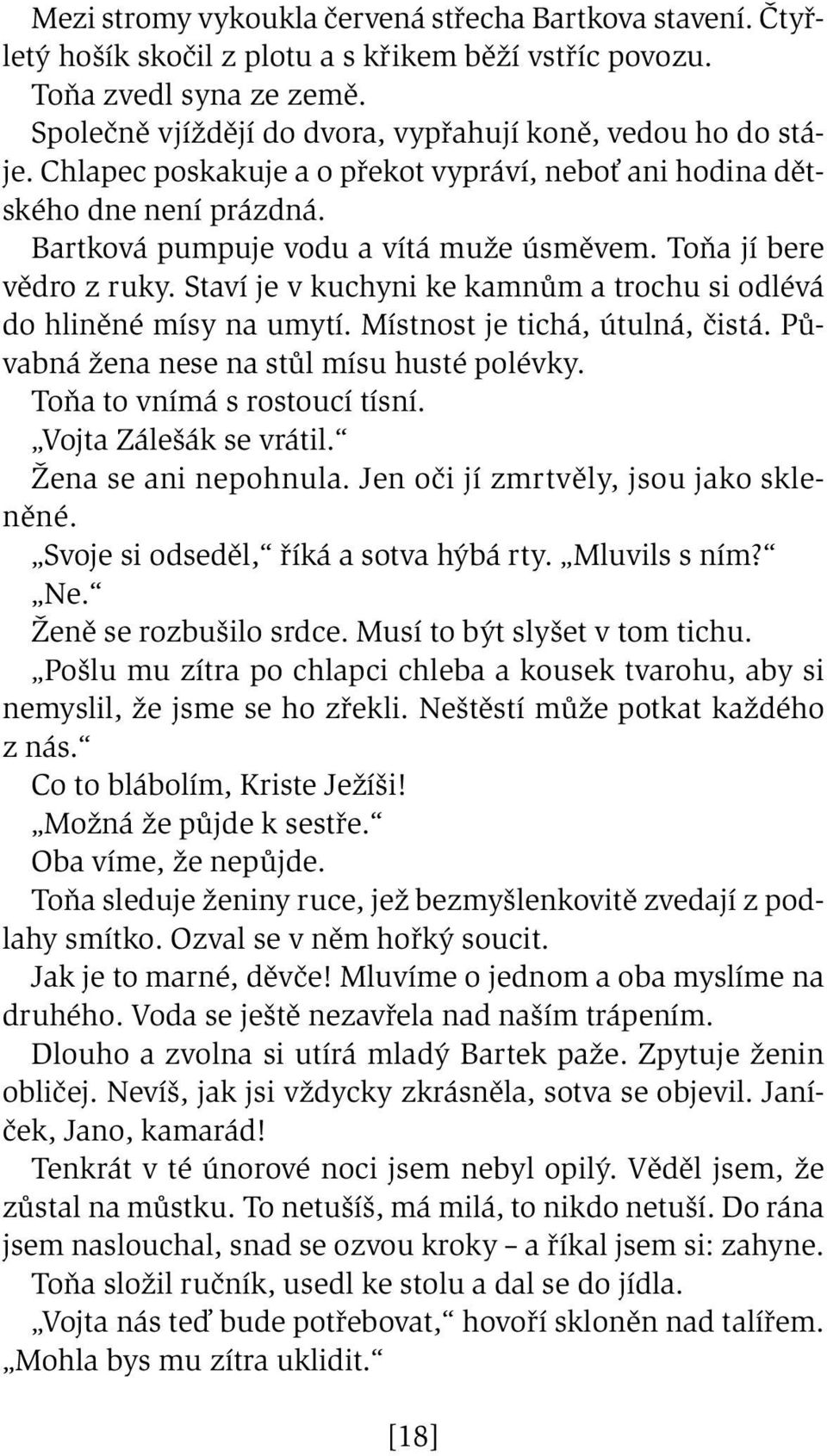 Toňa jí bere vědro z ruky. Staví je v kuchyni ke kamnům a trochu si odlévá do hliněné mísy na umytí. Místnost je tichá, útulná, čistá. Půvabná žena nese na stůl mísu husté polévky.