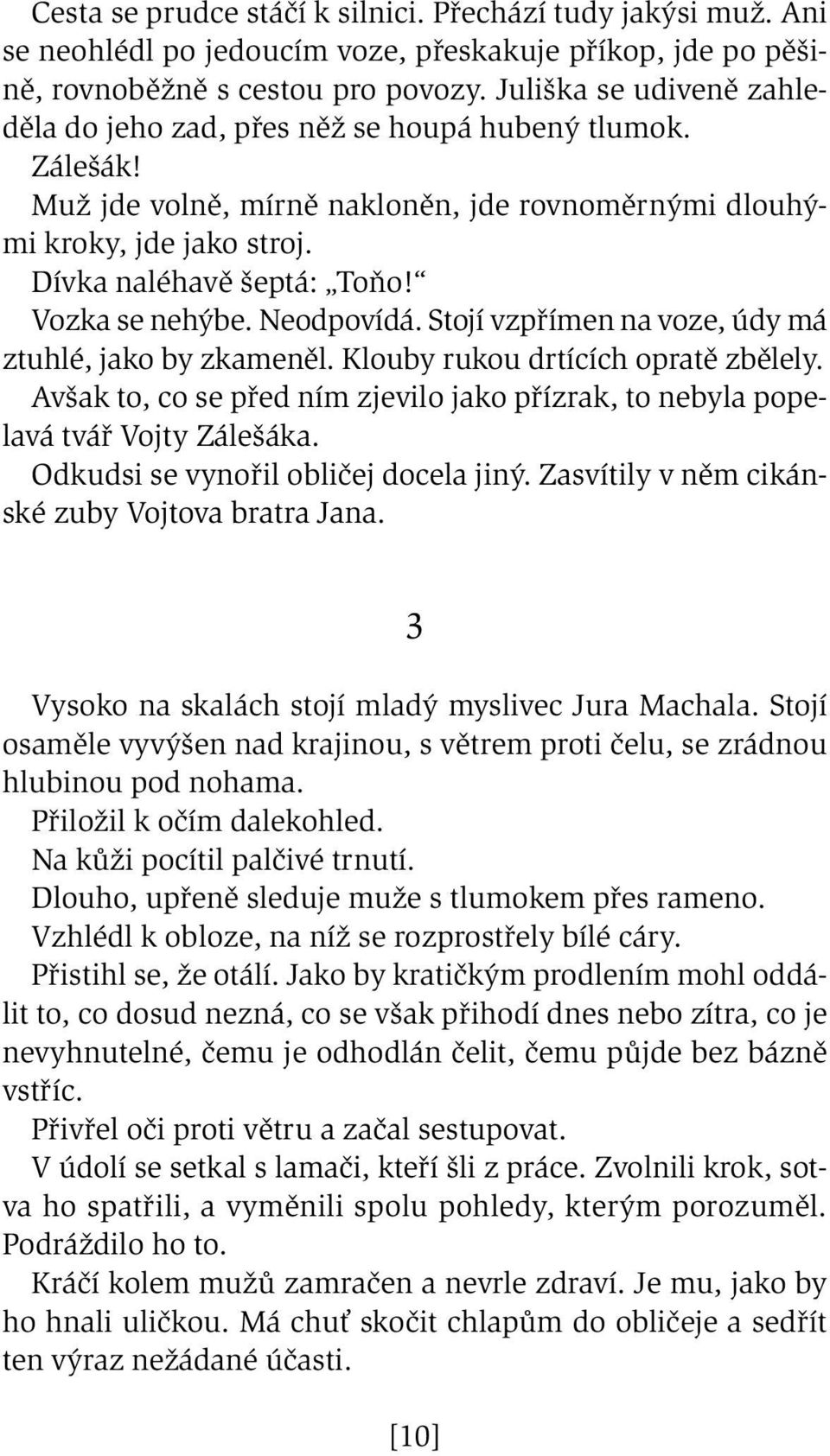 Vozka se nehýbe. Neodpovídá. Stojí vzpřímen na voze, údy má ztuhlé, jako by zkameněl. Klouby rukou drtících opratě zbělely.