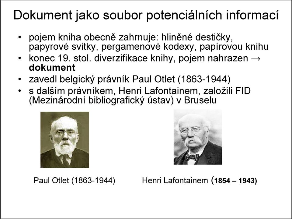 diverzifikace knihy, pojem nahrazen dokument zavedl belgický právník Paul Otlet (1863-1944) s dalším