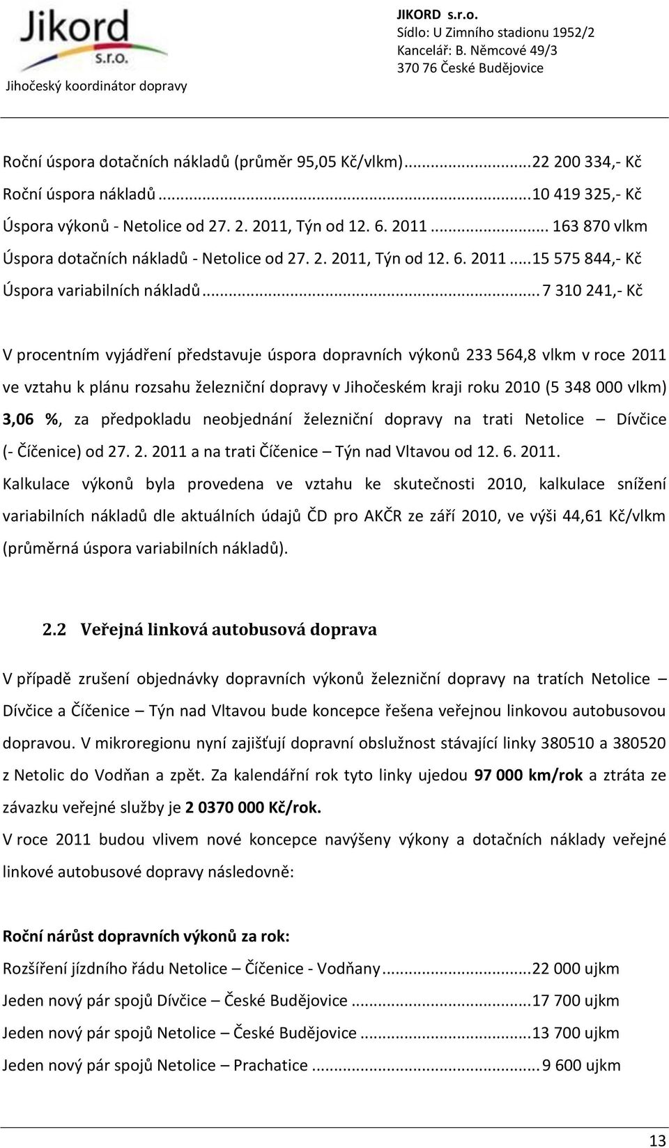 .. 7 310 241,- Kč V procentním vyjádření představuje úspora dopravních výkonů 233 564,8 vlkm v roce 2011 ve vztahu k plánu rozsahu železniční dopravy v Jihočeském kraji roku 2010 (5 348 000 vlkm)