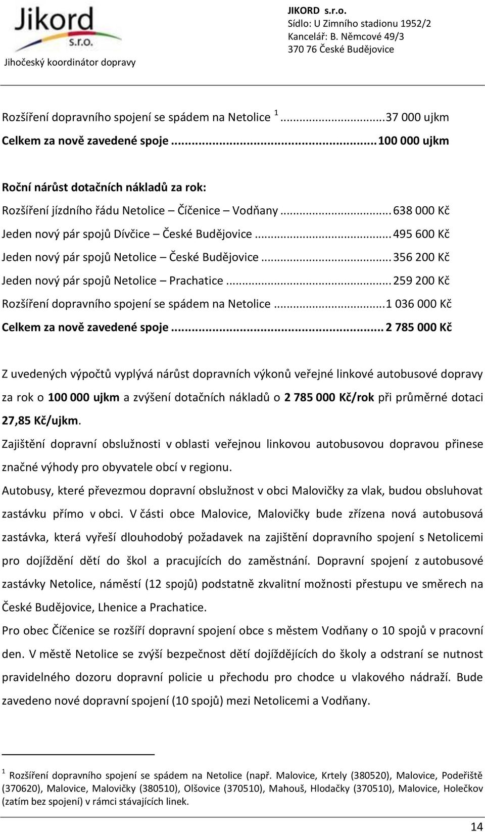 .. 495 600 Kč Jeden nový pár spojů Netolice České Budějovice... 356 200 Kč Jeden nový pár spojů Netolice Prachatice... 259 200 Kč Rozšíření dopravního spojení se spádem na Netolice.