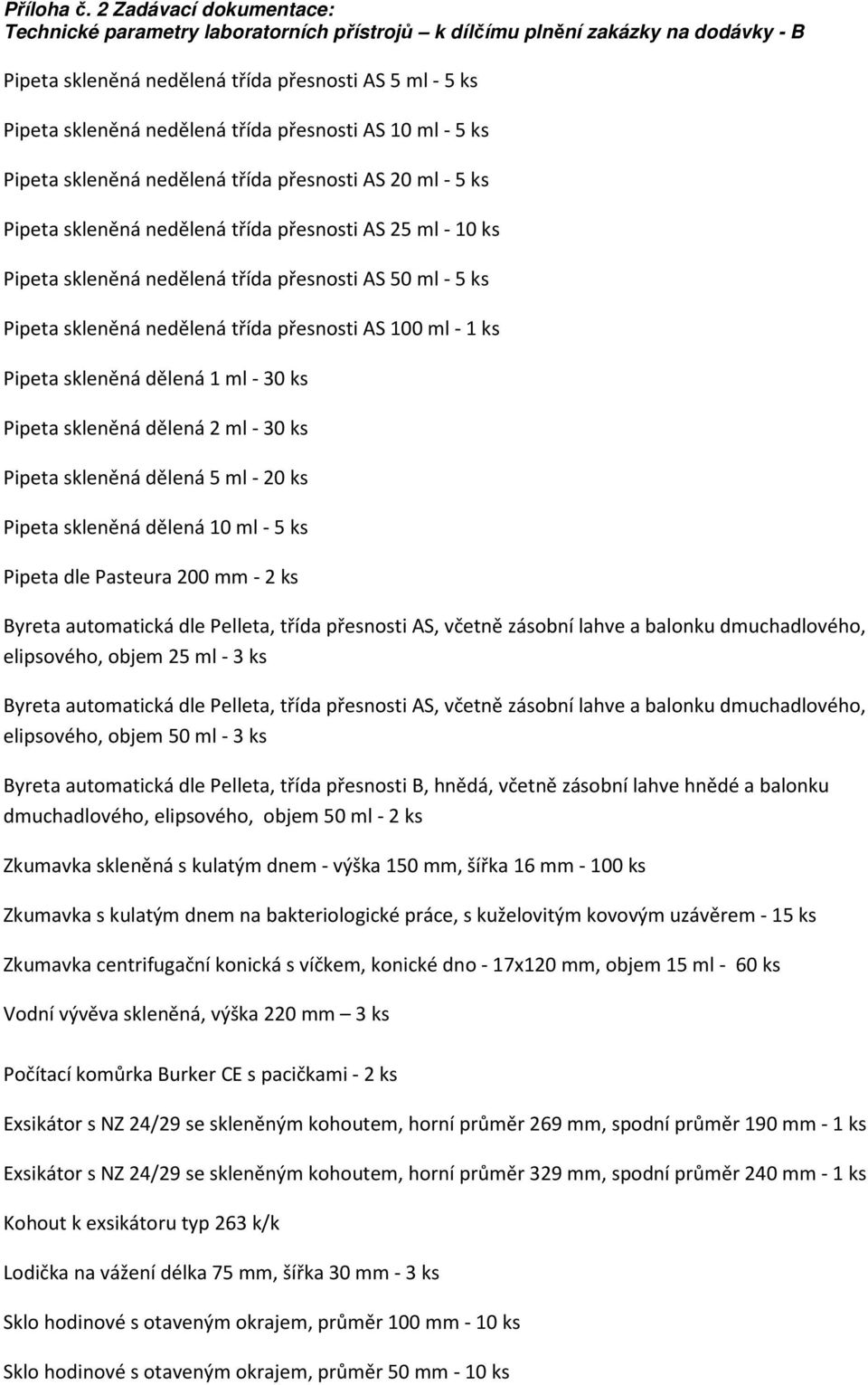 dělená 2 ml - 30 ks Pipeta skleněná dělená 5 ml - 20 ks Pipeta skleněná dělená 10 ml - 5 ks Pipeta dle Pasteura 200 mm - 2 ks Byreta automatická dle Pelleta, třída přesnosti AS, včetně zásobní lahve