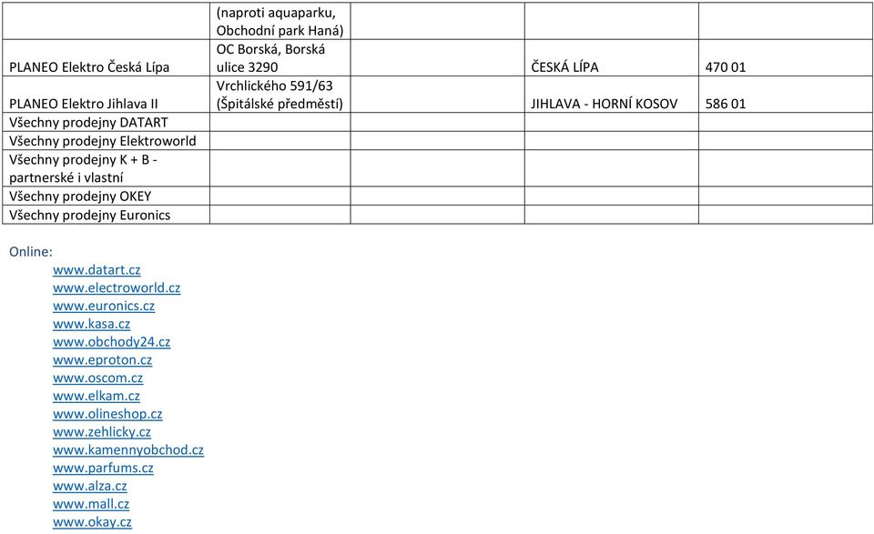 Vrchlického 591/63 (Špitálské předměstí) JIHLAVA - HORNÍ KOSOV 586 01 Online: www.datart.cz www.electroworld.cz www.euronics.cz www.kasa.cz www.obchody24.