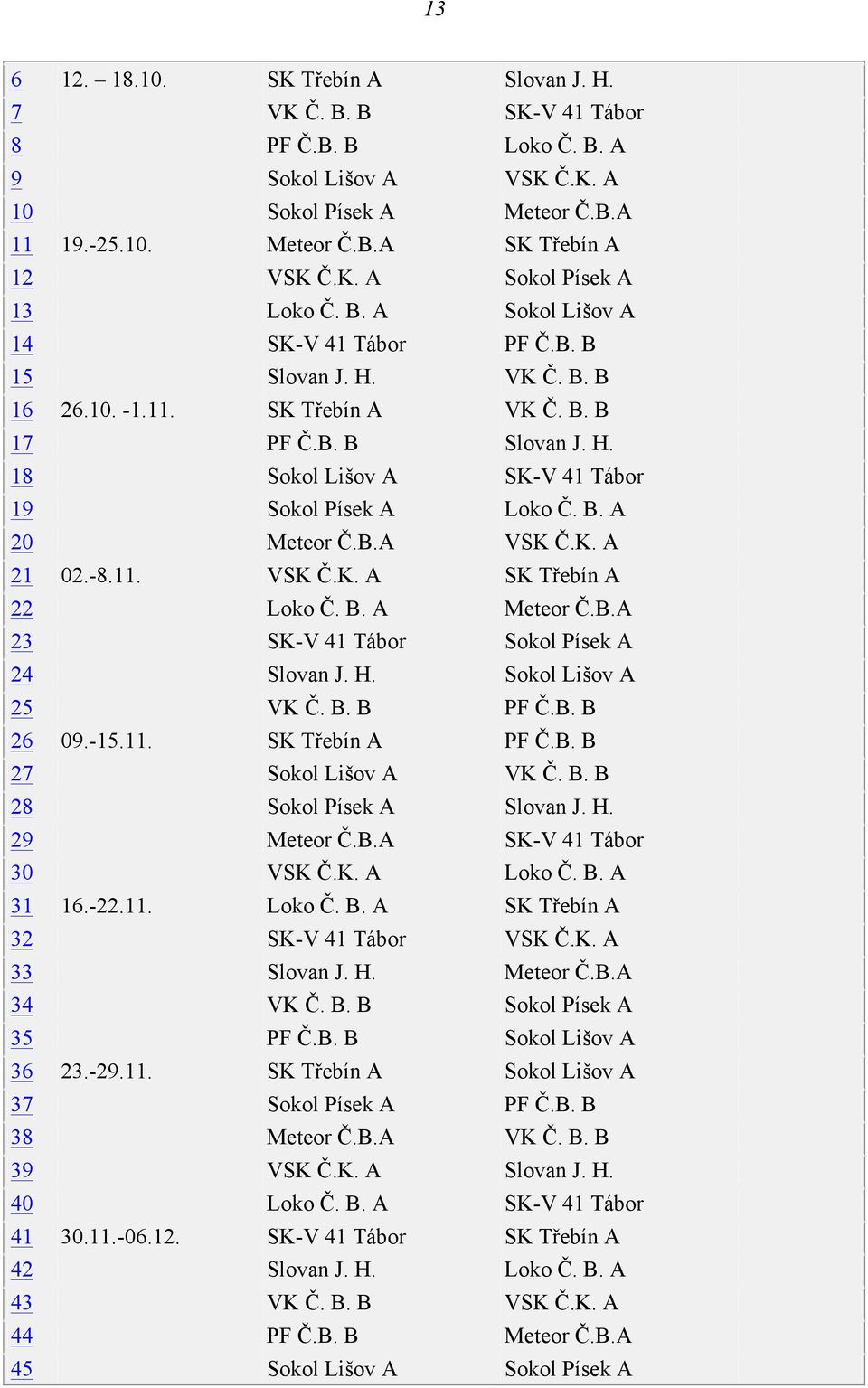 B.A VSK Č.K. A 21 02.-8.11. VSK Č.K. A SK Třebín A 22 Loko Č. B. A Meteor Č.B.A 23 SK-V 41 Tábor Sokol Písek A 24 Slovan J. H. Sokol Lišov A 25 VK Č. B. B PF Č.B. B 26 09.-15.11. SK Třebín A PF Č.B. B 27 Sokol Lišov A VK Č.