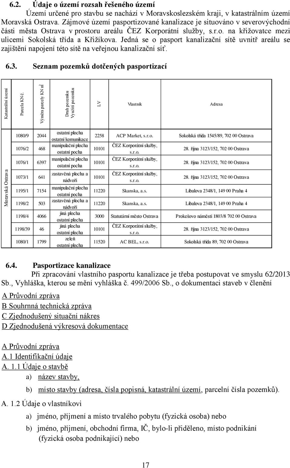 Jedná se o pasport kanalizační sítě uvnitř areálu se zajištění napojení této sítě na veřejnou kanalizační síť. 6.3. Seznam pozemků dotčených pasportizací Katastrální území Parcela KN č.