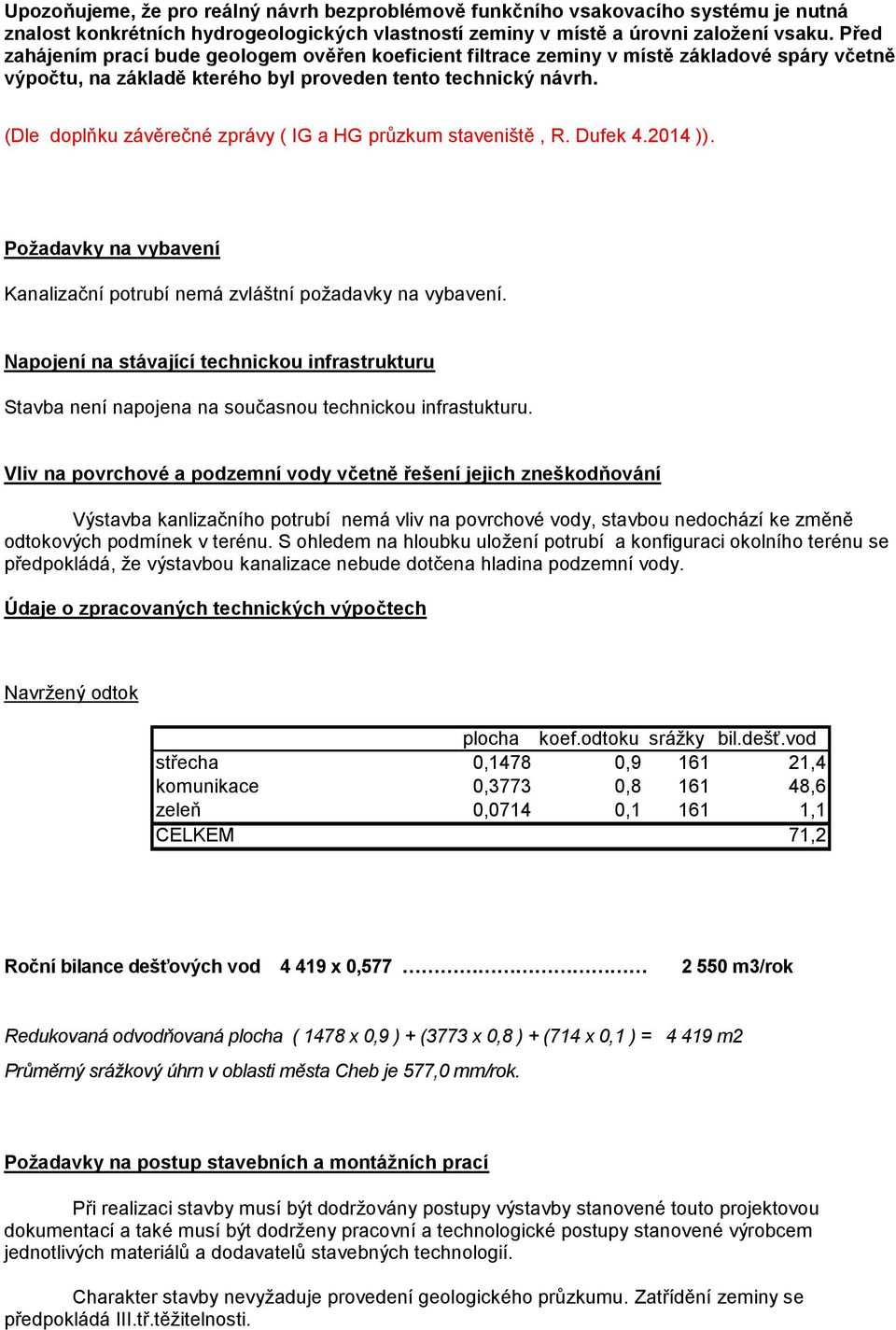 (Dle doplňku závěrečné zprávy ( IG a HG průzkum staveniště, R. Dufek 4.2014 )). Požadavky na vybavení Kanalizační potrubí nemá zvláštní požadavky na vybavení.