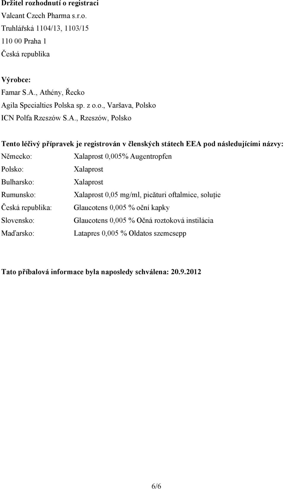 pod následujícími názvy: Německo: Xalaprost 0,005% Augentropfen Polsko: Xalaprost Bulharsko: Xalaprost Rumunsko: Xalaprost 0,05 mg/ml, picături oftalmice, soluţie Česká