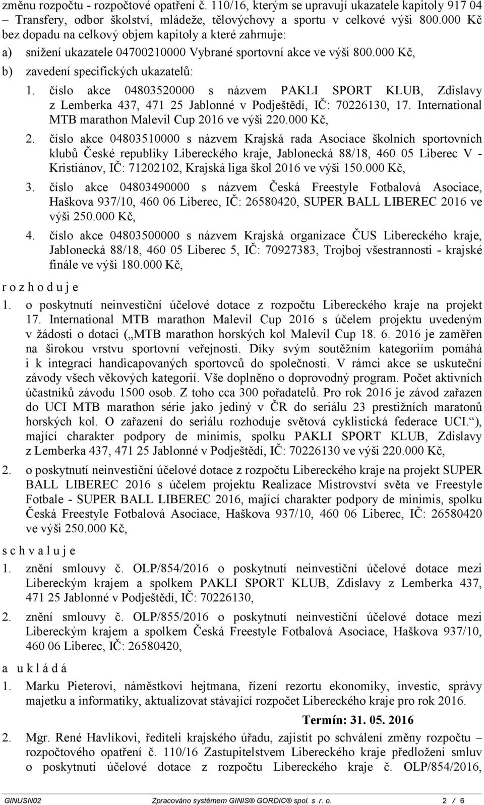 číslo akce 04803520000 s názvem PAKLI SPORT KLUB, Zdislavy z Lemberka 437, 471 25 Jablonné v Podještědí, IČ: 70226130, 17. International MTB marathon Malevil Cup 2016 ve výši 220.000 Kč, 2.