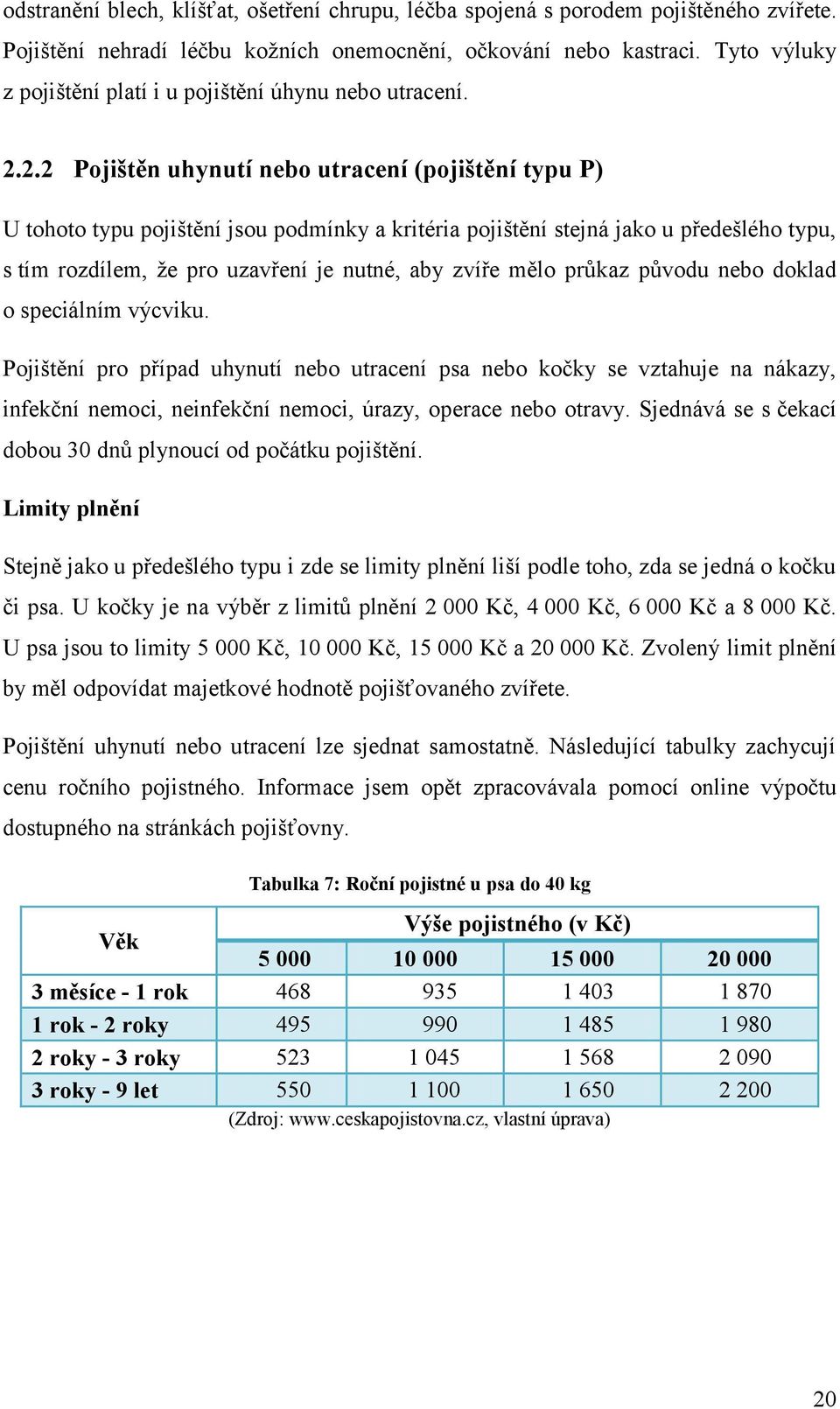 2.2 Pojištěn uhynutí nebo utracení (pojištění typu P) U tohoto typu pojištění jsou podmínky a kritéria pojištění stejná jako u předešlého typu, s tím rozdílem, že pro uzavření je nutné, aby zvíře