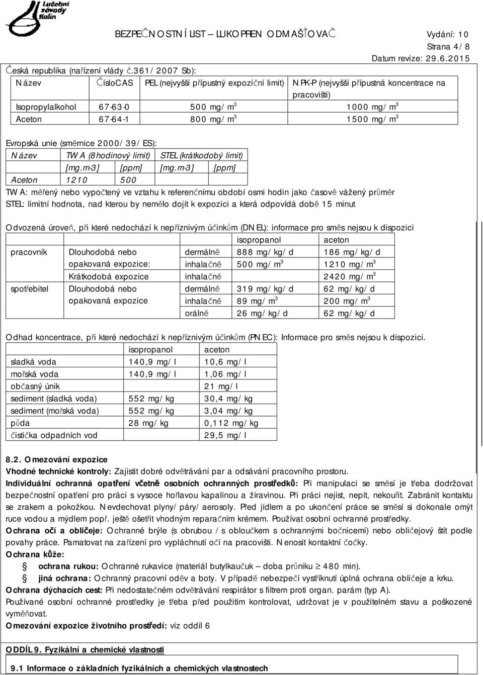 1500 mg/m 3 Evropská unie (směrnice 2000/39/ES): Název TWA (8hodinový limit) STEL (krátkodobý limit) [mg.m-3] [ppm] [mg.