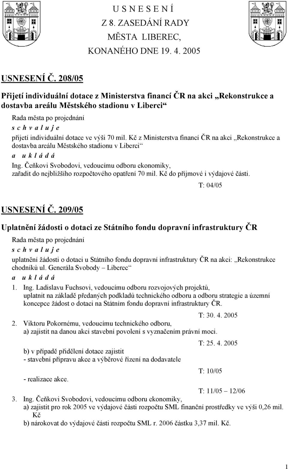 Kč z Ministerstva financí ČR na akci Rekonstrukce a dostavba areálu Městského stadionu v Liberci Ing.