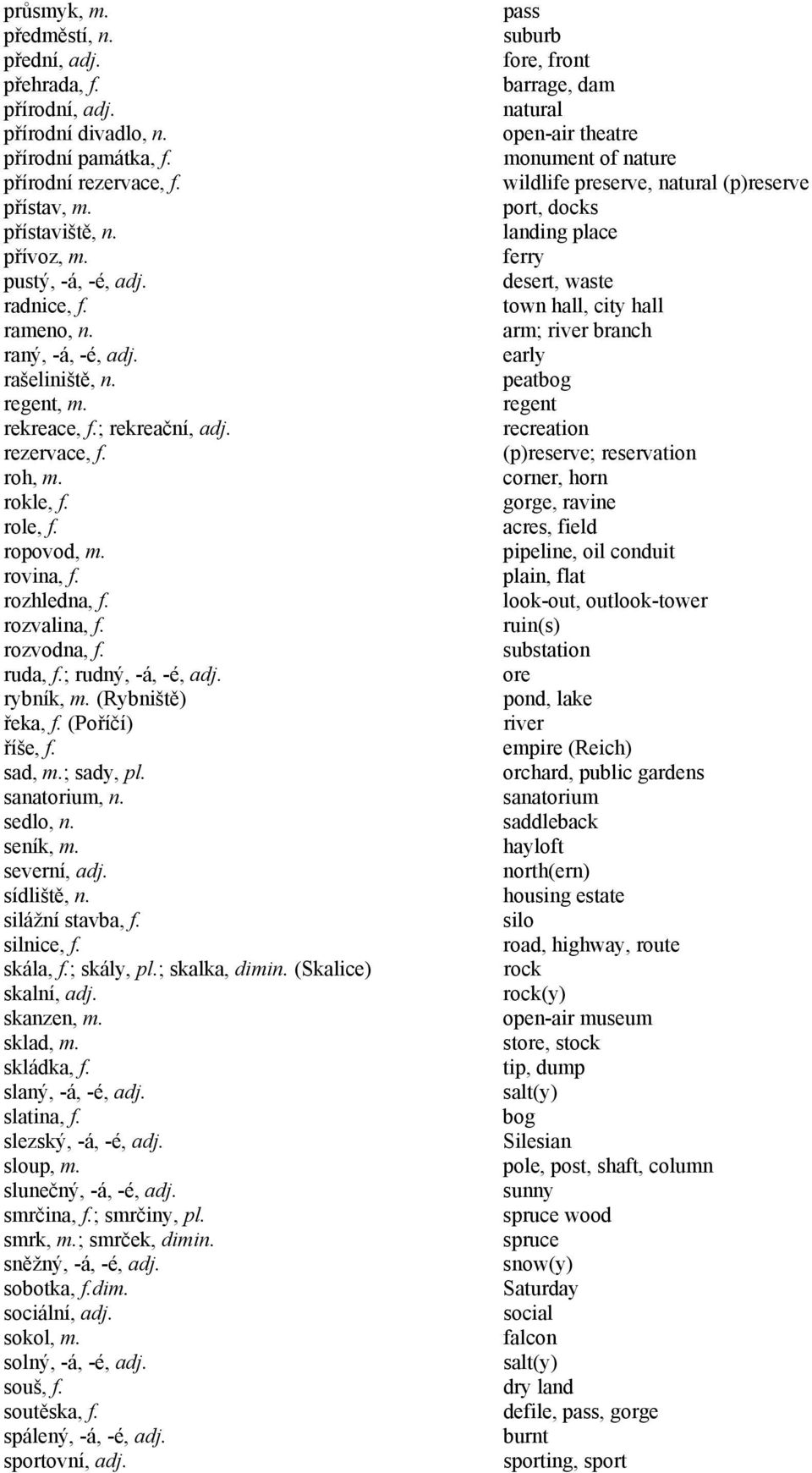 rozvodna, f. ruda, f.; rudný, -á, -é, adj. rybník, m. (Rybniště) řeka, f. (Poříčí) říše, f. sad, m.; sady, pl. sanatorium, n. sedlo, n. seník, m. severní, adj. sídliště, n. silážní stavba, f.