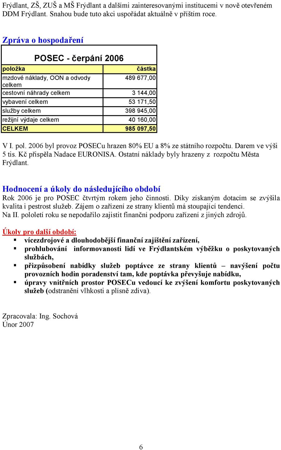 výdaje celkem 40 160,00 CELKEM 985 097,50 V I. pol. 2006 byl provoz POSECu hrazen 80% EU a 8% ze státního rozpočtu. Darem ve výši 5 tis. Kč přispěla Nadace EURONISA.