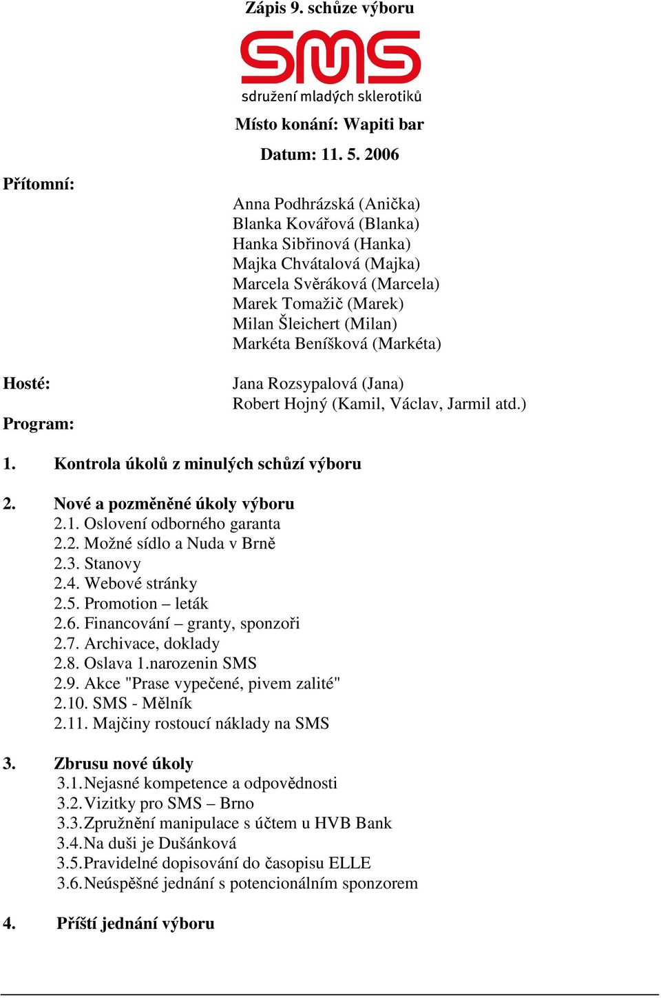 (Markéta) Jana Rozsypalová (Jana) Robert Hojný (Kamil, Václav, Jarmil atd.) 1. Kontrola úkolů z minulých schůzí výboru 2. Nové a pozměněné úkoly výboru 2.1. Oslovení odborného garanta 2.2. Možné sídlo a Nuda v Brně 2.