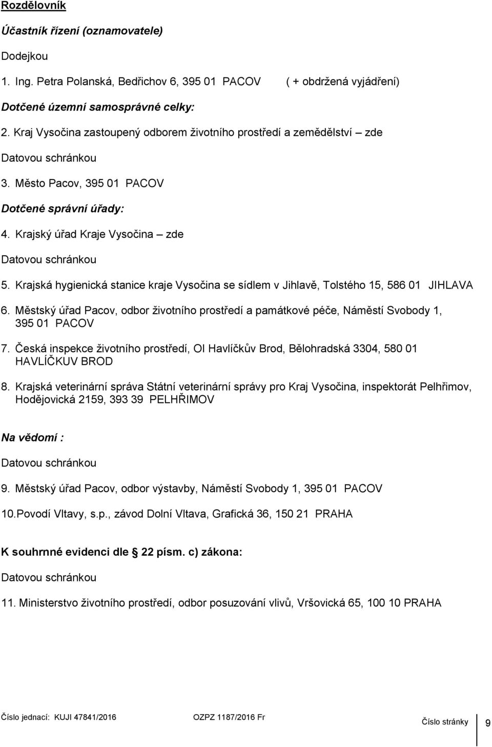 Krajská hygienická stanice kraje Vysočina se sídlem v Jihlavě, Tolstého 15, 586 01 JIHLAVA 6. Městský úřad Pacov, odbor životního prostředí a památkové péče, Náměstí Svobody 1, 395 01 PACOV 7.